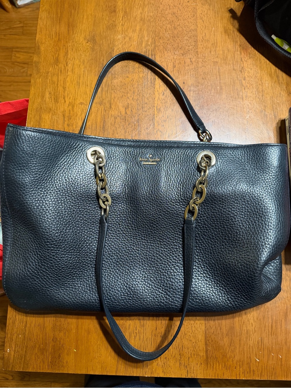 kate spade Black Pebbled Leather Tote with Gold Chain Accents